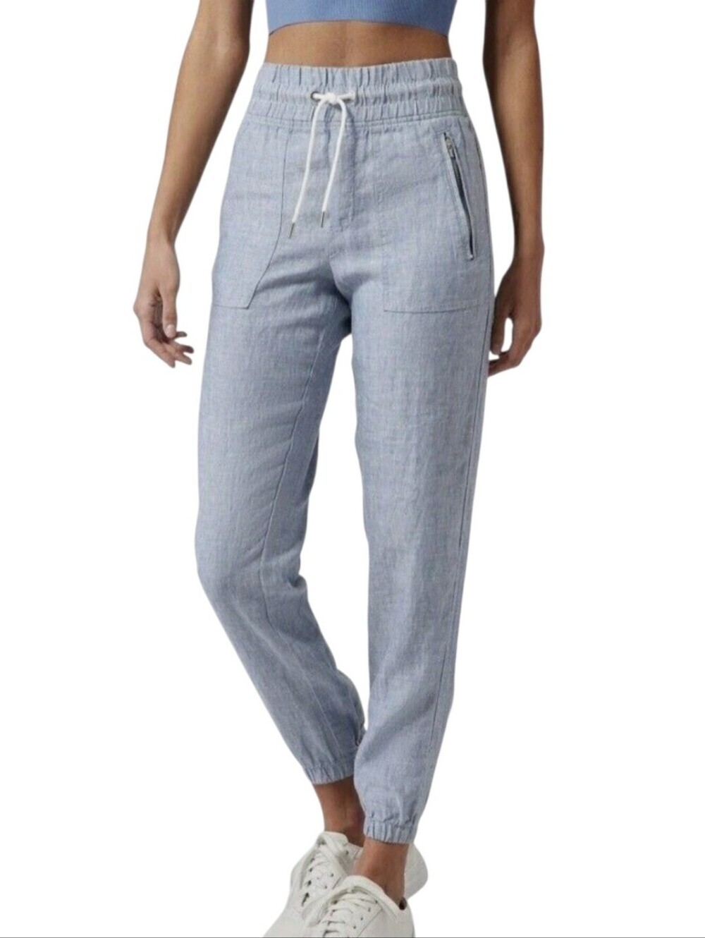 Athleta Cabo Linen Chambray Blue Drawstring Jogger Pants 14